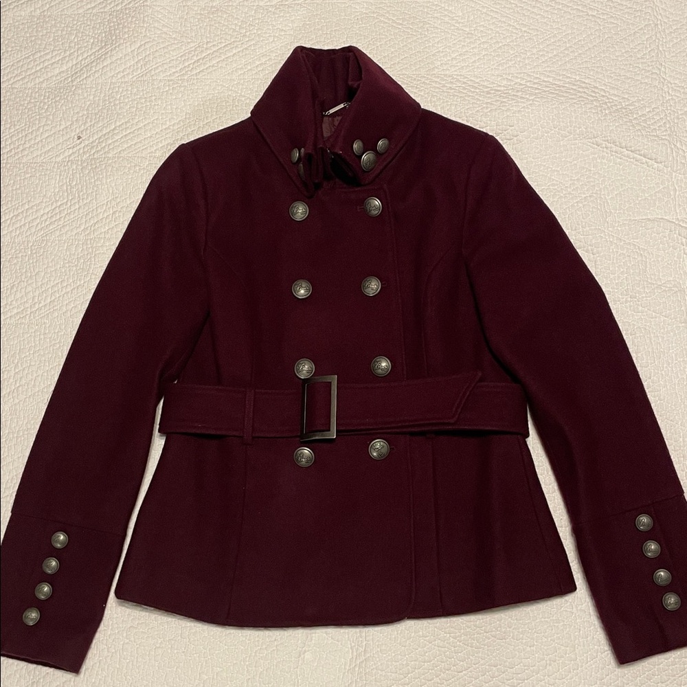 Black Rivet wool Military double breast Burgundy Maroon pea coat Silver buttons